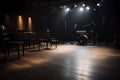 Empty concert hall with wooden floor and stage lights. Dark background. Generative AI Royalty Free Stock Photo