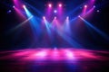 Empty concert stage with illuminated neon glowing spotlights. Generative AI Royalty Free Stock Photo