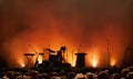 Concert stage on music festival, instruments silhouettes, microphones drums guitars