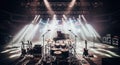 Empty concert stage set up with lights and instruments ready for performance Royalty Free Stock Photo
