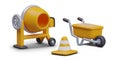 Empty concrete mixer, wheelbarrow with sand, signal cone