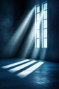 Empty Concrete Room, Window Light Beams, Textured Wall Background, Dark Blue Interior Scene. Royalty Free Stock Photo