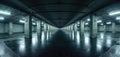 Empty concrete underground parking garage with bright fluorescent lights and wet floor. Rows of pillars create vanishing point Royalty Free Stock Photo