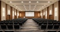 Empty Conference Hall with Rows of Chairs and Projection Screen auditorium meeting room Royalty Free Stock Photo