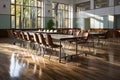 Empty conference room with wooden floor and rows of chairs. ia generated Royalty Free Stock Photo
