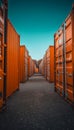 Empty Container Yard with Rows of Storage Containers, Cobblestone Foreground Under Dramatic Blue Sky Royalty Free Stock Photo
