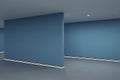 Empty contemporary blue gallery interior with mock up place on wall and reflections on floor. Art, no people, museum and