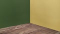 Empty corner green and yellow concrete wall and wooden floor per