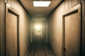 Empty corridor in apartment building with doors and light in the end of hall, perspective Royalty Free Stock Photo