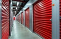 Empty corridor of self storage units. Rows of red storage unit doors line wide hallway. Gray metal frames complement vibrant Royalty Free Stock Photo