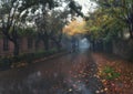 An empty country asphalt road through the trees and village in a fog on a rainy autumn day. Road trip, transportation, driving. Royalty Free Stock Photo