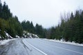 Empty country road in winter, roadside in the snow. Road trip concept Royalty Free Stock Photo