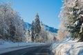 Empty country road through wintry forest with snow covered trees, near Kreuth, Bavaria. with traffic sign and curve Royalty Free Stock Photo