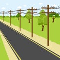 Empty countryside road with electricity pole along the way. Utility pole Electricity concept. High voltage wires Royalty Free Stock Photo