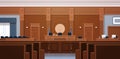 Empty courtroom with judge and secretary workplace jury box seats modern courthouse interior justice and jurisprudence