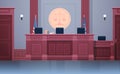 Empty courtroom with judge workplace chairs and table modern courthouse interior justice and jurisprudence concept