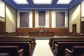 Empty courtroom with wooden benches and judges seat awaiting trial illustration