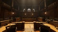 Empty Courtroom With Wooden Desks and Benches Royalty Free Stock Photo