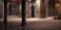 Empty courtyard in an Arabian town with stone buildings, tiled floor, plant pots and dappled sunlight. 3D illustration