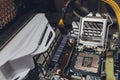 Empty cpu processor socket on a computer motherboard with pins visible. Royalty Free Stock Photo