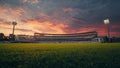 Empty cricket stadium field illuminated by bright floodlights stands ready for a major sporting event under a dramatic and richly Royalty Free Stock Photo
