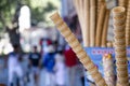 Empty crispy ice cream cones on the street shop. Turkish ice cream dondurma.