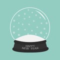 Empty crystal ball with snow. Template. Happy New Year text Greeting card Flat design Blue background. Royalty Free Stock Photo