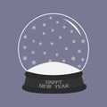 Empty crystal ball with snow. Template. Happy New Year text Greeting card Flat design Violet background. Royalty Free Stock Photo