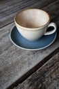 Empty cup of coffee in earthern ware cup with saucer Royalty Free Stock Photo