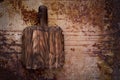 Empty cutting wooden board On a rusty metal background. Top vie Royalty Free Stock Photo