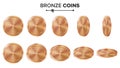 Empty 3D Bronze, Copper Coins Vector Blank Set. Realistic Template. Flip Different Angles. Investment, Web, Game App