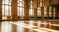 Sunlit Dance Studio with Large Arched Windows and Mirrors Reflecting Wooden Floor and Ballet Barres Royalty Free Stock Photo