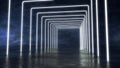 Empty dark abstract modern concrete interior. Abstract background, square portal, glowing lines, tunnel, neon lights. 3D