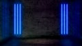 Empty dark abstract room with blue fluorescent neon lights.