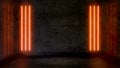 Empty dark abstract room with orange fluorescent neon lights.