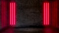 Empty dark abstract room with red fluorescent neon lights.