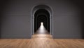 Empty dark architectural interior with infinite arch doors, endless corridor of doorway, walkaway, labyrinth. Move forward,