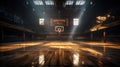 Empty, dark, basketball arena, stadium with sunny light, flashlights and fans sits. Concept of professional sport, game Royalty Free Stock Photo