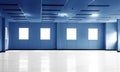 Empty dark blue office space room in office building or factory with windows and copy space