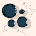 Empty dark blue plates, highlighted on a light tablecloth with dried flowers. Clay plates of different sizes of uneven shape. Royalty Free Stock Photo