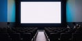 Empty dark cinema with glowing white screen. Generative ai