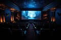 Empty dark cinema hall with a movie running on the screen. Generated by artificial intelligence