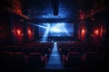 Empty dark cinema hall with a movie running on the screen. Generated by artificial intelligence