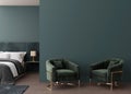 Empty dark green wall in modern bedroom. Mock up interior in classic style. Copy space for your picture, poster Royalty Free Stock Photo