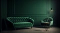 Empty dark green wall with a sofa and armchair in a cozy cabin in the woods