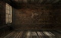 Empty dark old abandoned room with old cracked brick wall and old hardwood floor with volume light through window pane Royalty Free Stock Photo
