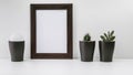 Empty dark photo frame, two succulents in dark pots and a white light bulb on a white background. Scandinavian style in the