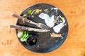 Empty plate left after dinner.Dirty dish after eaten with knife and fork Royalty Free Stock Photo