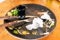 Empty plate left after dinner.Dirty dish after eaten with knife and fork Royalty Free Stock Photo