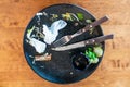 Empty plate left after dinner.Dirty dish after eaten with knife and fork Royalty Free Stock Photo